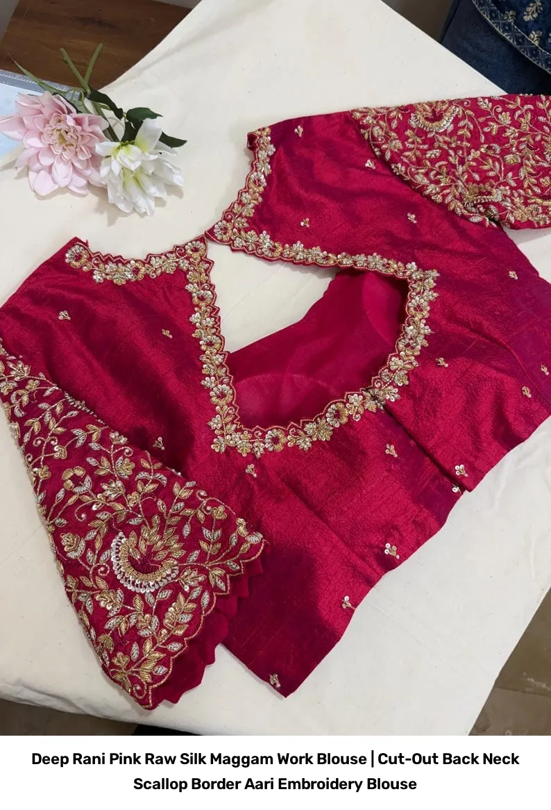 Deep Rani Pink Raw Silk Maggam Work Blouse | Cut-Out Back Neck Scallop Border Aari Embroidery Blouse 7