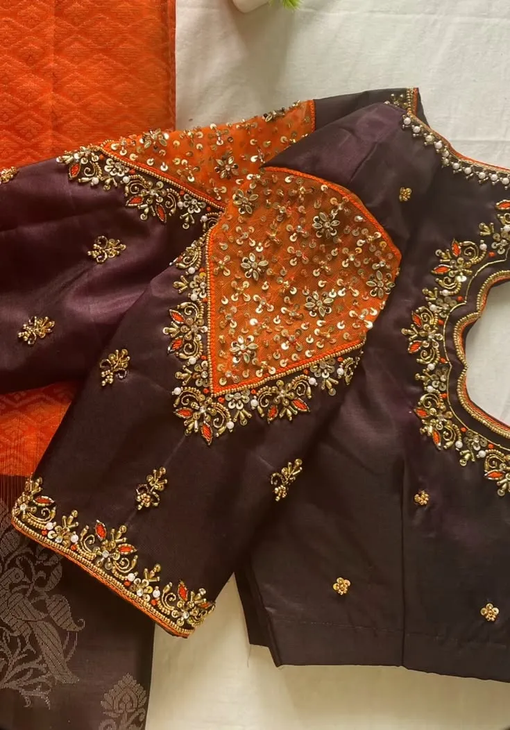 Deep Wine Raw Silk Bridal Blouse | Handcrafted Contrast Orange Net Sequin Patch & Heavy Zardosi Maggam Work | Saree Blouse