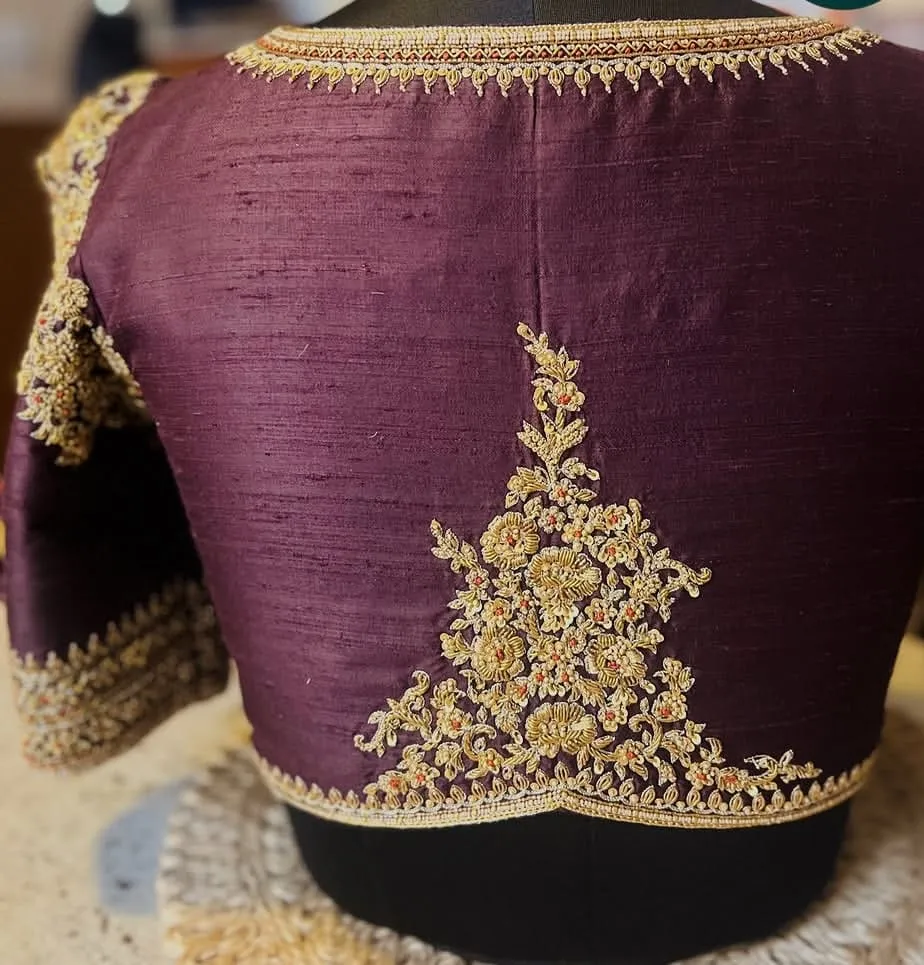 Deep Wine Raw Silk Bridal Blouse | Handcrafted Gold Zardosi & French Knot Maggam Work Saree Blouse