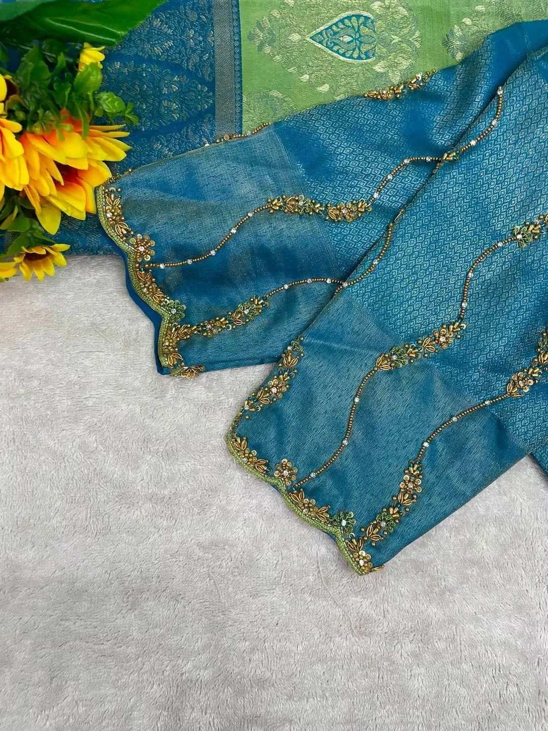 Designer Blue Brocade Maggam Work Blouse | Readymade Saree Blouse Online