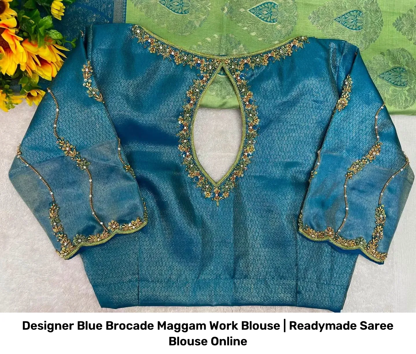 Designer Blue Brocade Maggam Work Blouse | Readymade Saree Blouse Online 2