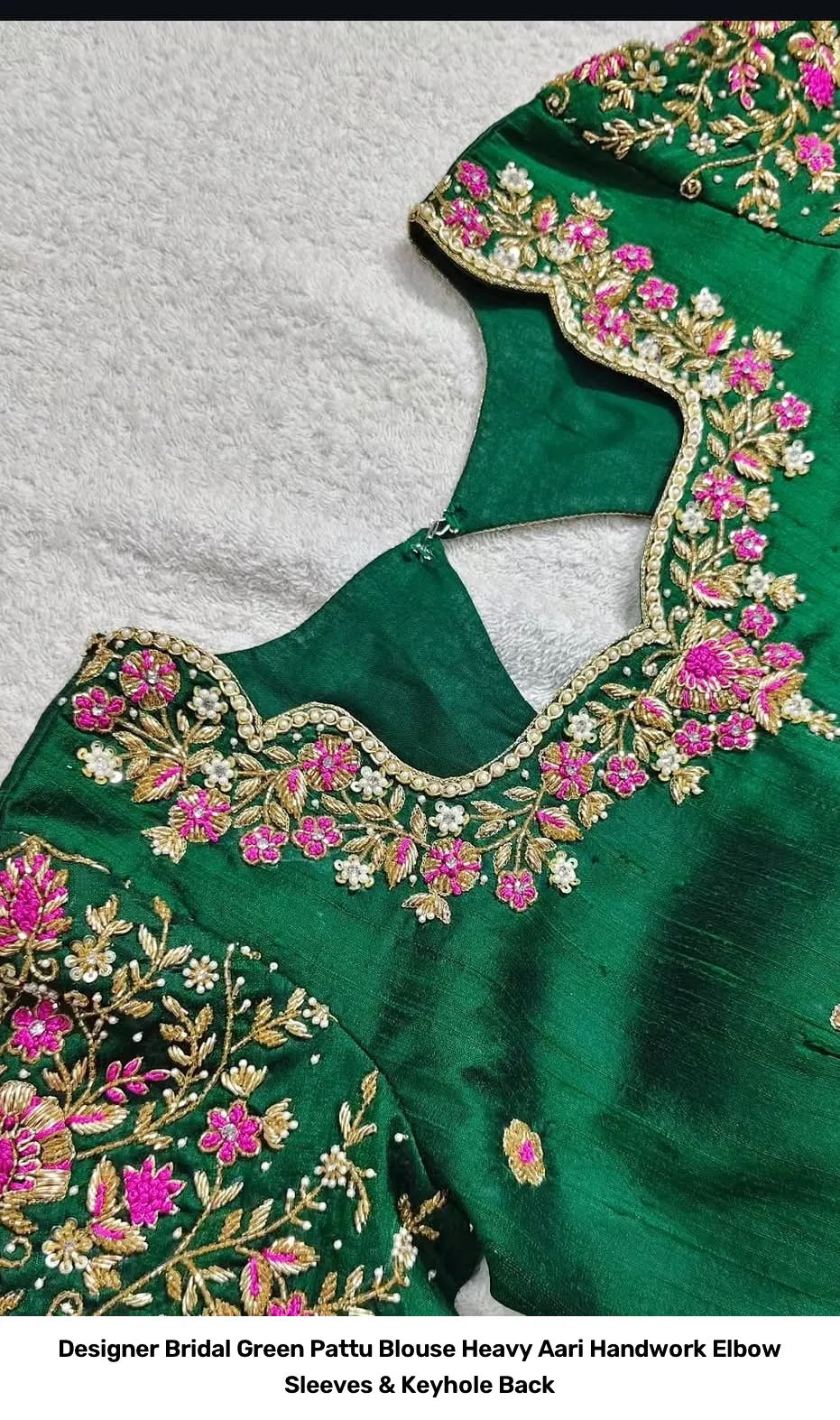 Designer Bridal Green Pattu Blouse – Heavy Aari Handwork Elbow Sleeves & Keyhole Back 3