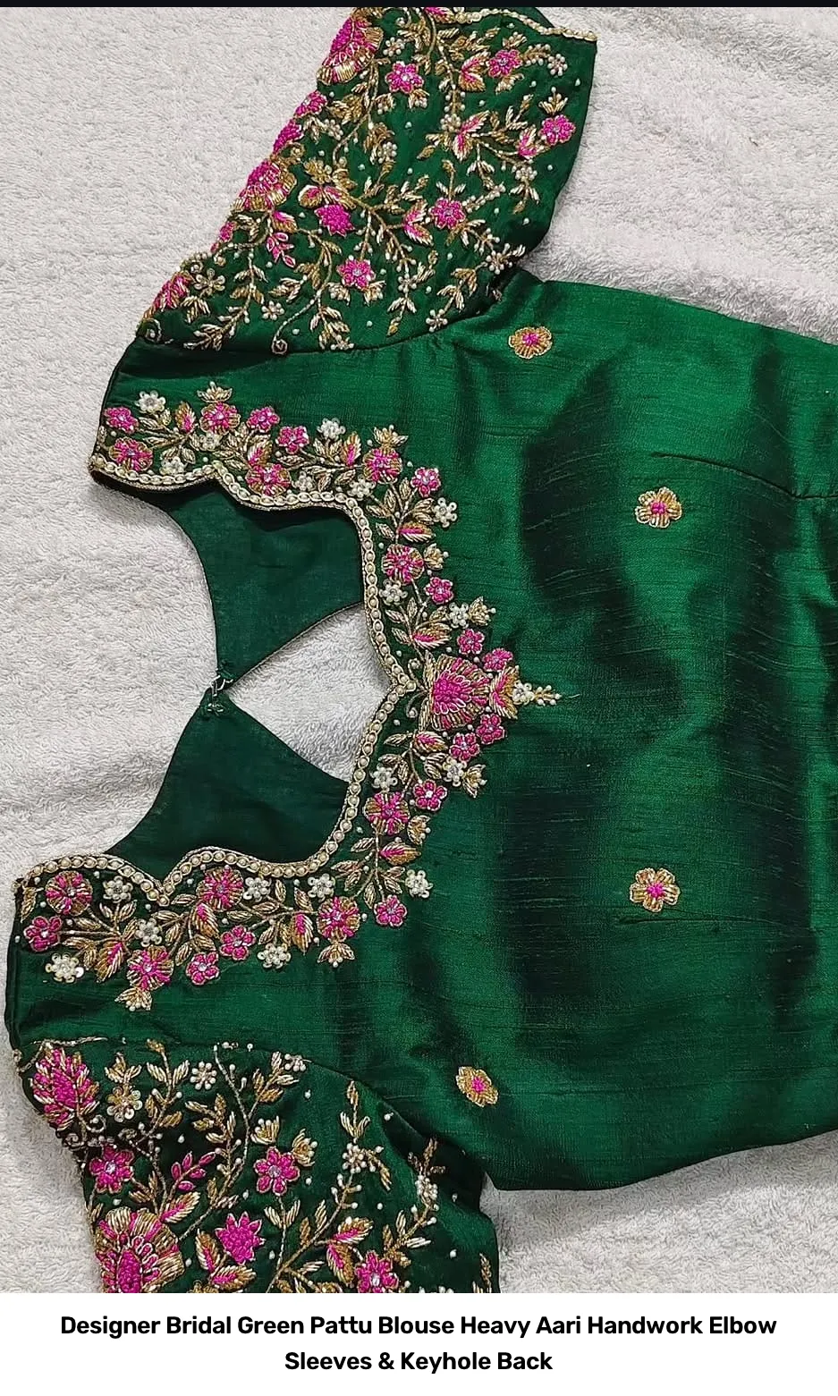 Designer Bridal Green Pattu Blouse – Heavy Aari Handwork Elbow Sleeves & Keyhole Back 4