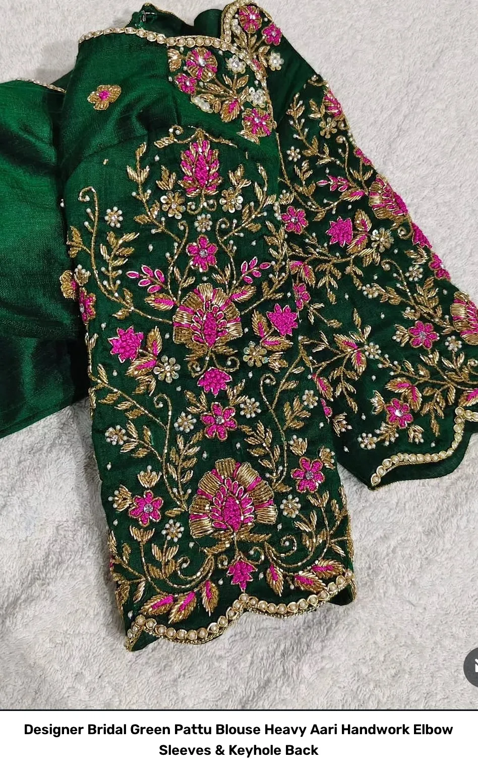Designer Bridal Green Pattu Blouse – Heavy Aari Handwork Elbow Sleeves & Keyhole Back 5