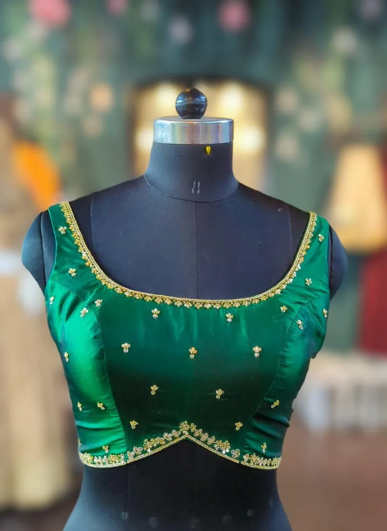 Designer Emerald Green Silk Maggam Work Blouse | Sleeveless Saree Blouse Online