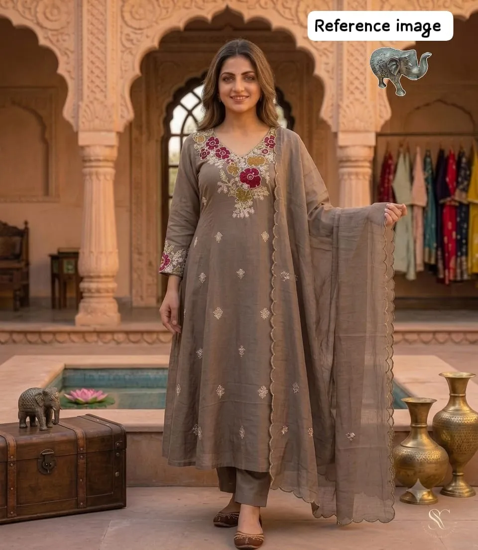 Designer Floral Embroidery Coral Silk A-Line Kurta with Roman Silk Pant & Scalloped Dupatta Set