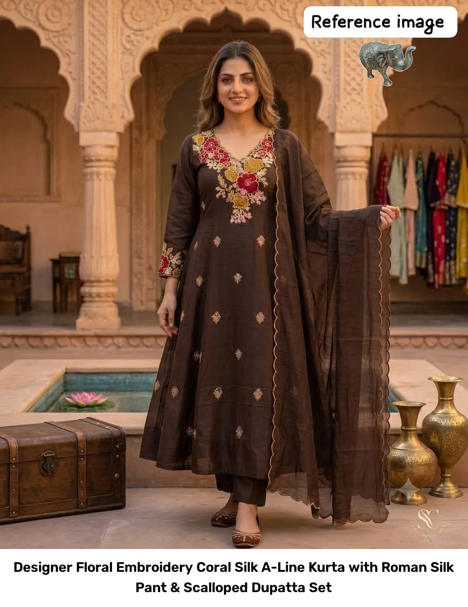 Designer Floral Embroidery Coral Silk A-Line Kurta with Roman Silk Pant & Scalloped Dupatta Set 10