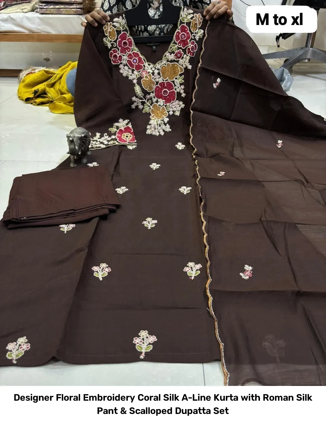 Designer Floral Embroidery Coral Silk A-Line Kurta with Roman Silk Pant & Scalloped Dupatta Set 11