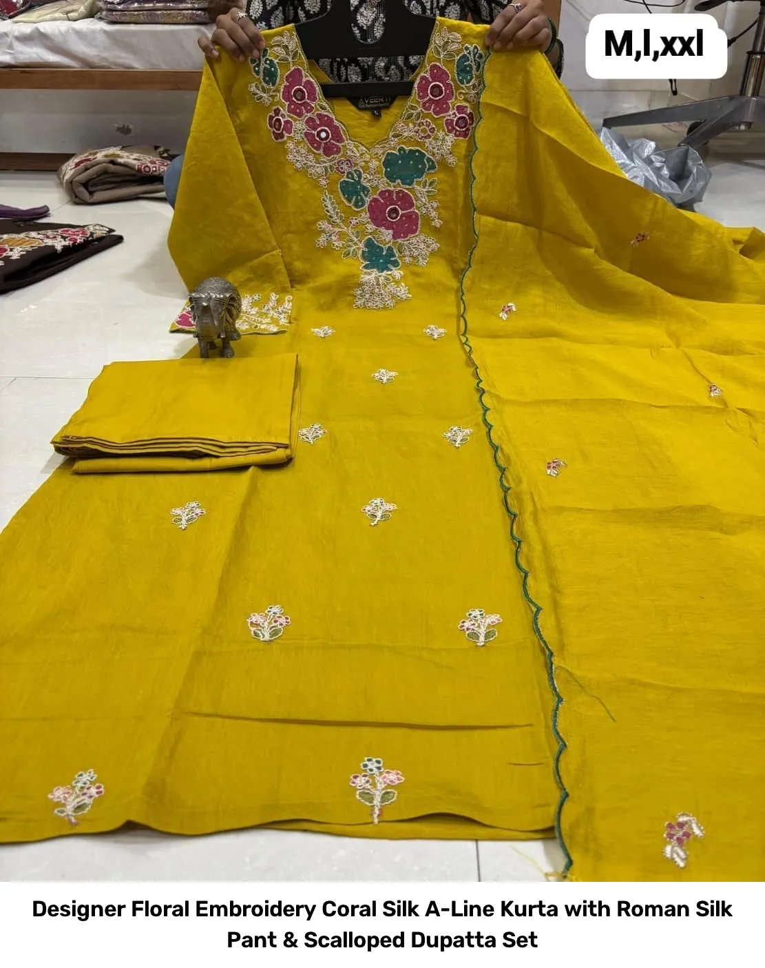 Designer Floral Embroidery Coral Silk A-Line Kurta with Roman Silk Pant & Scalloped Dupatta Set 12