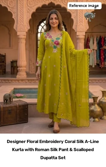 Designer Floral Embroidery Coral Silk A-Line Kurta with Roman Silk Pant & Scalloped Dupatta Set 2