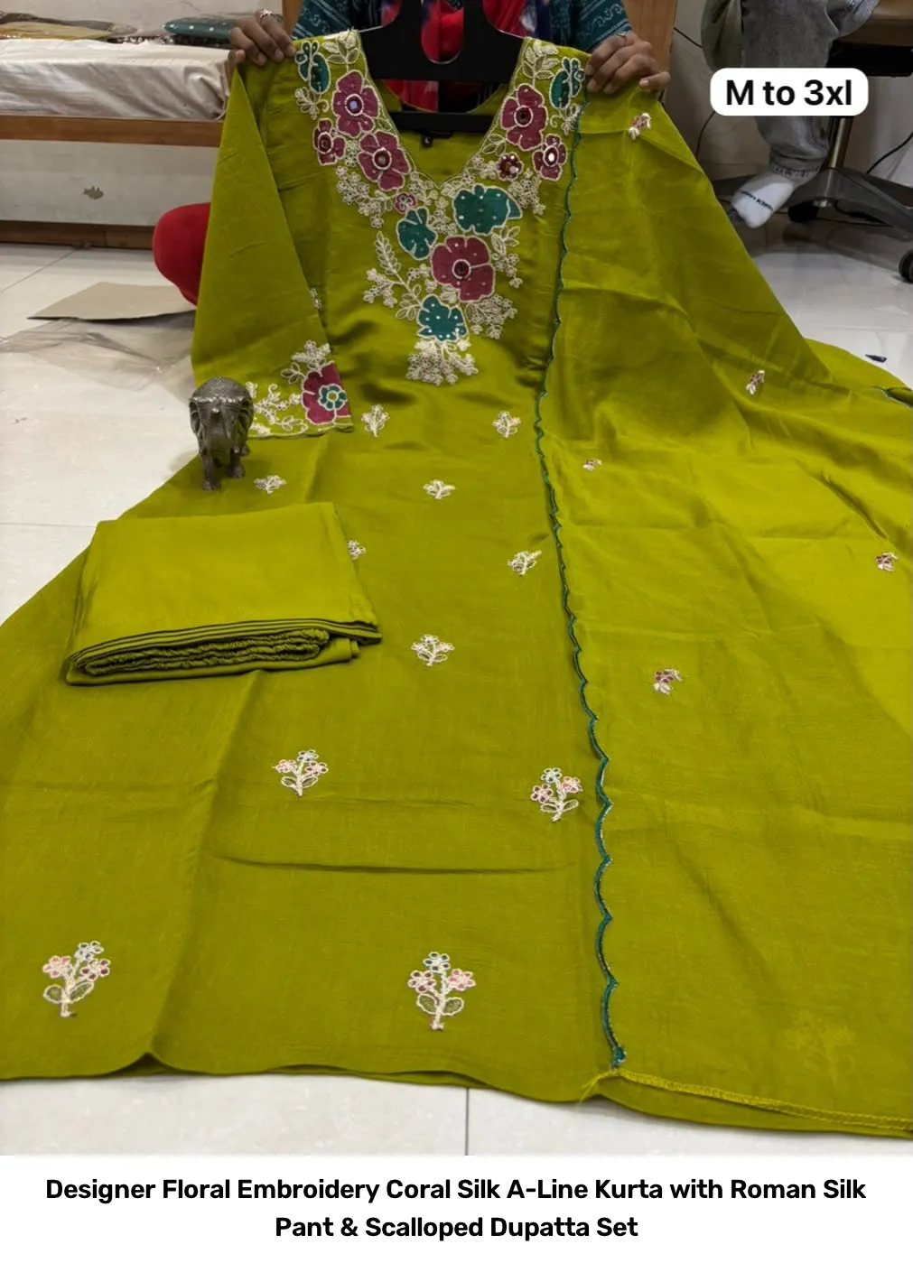 Designer Floral Embroidery Coral Silk A-Line Kurta with Roman Silk Pant & Scalloped Dupatta Set 3