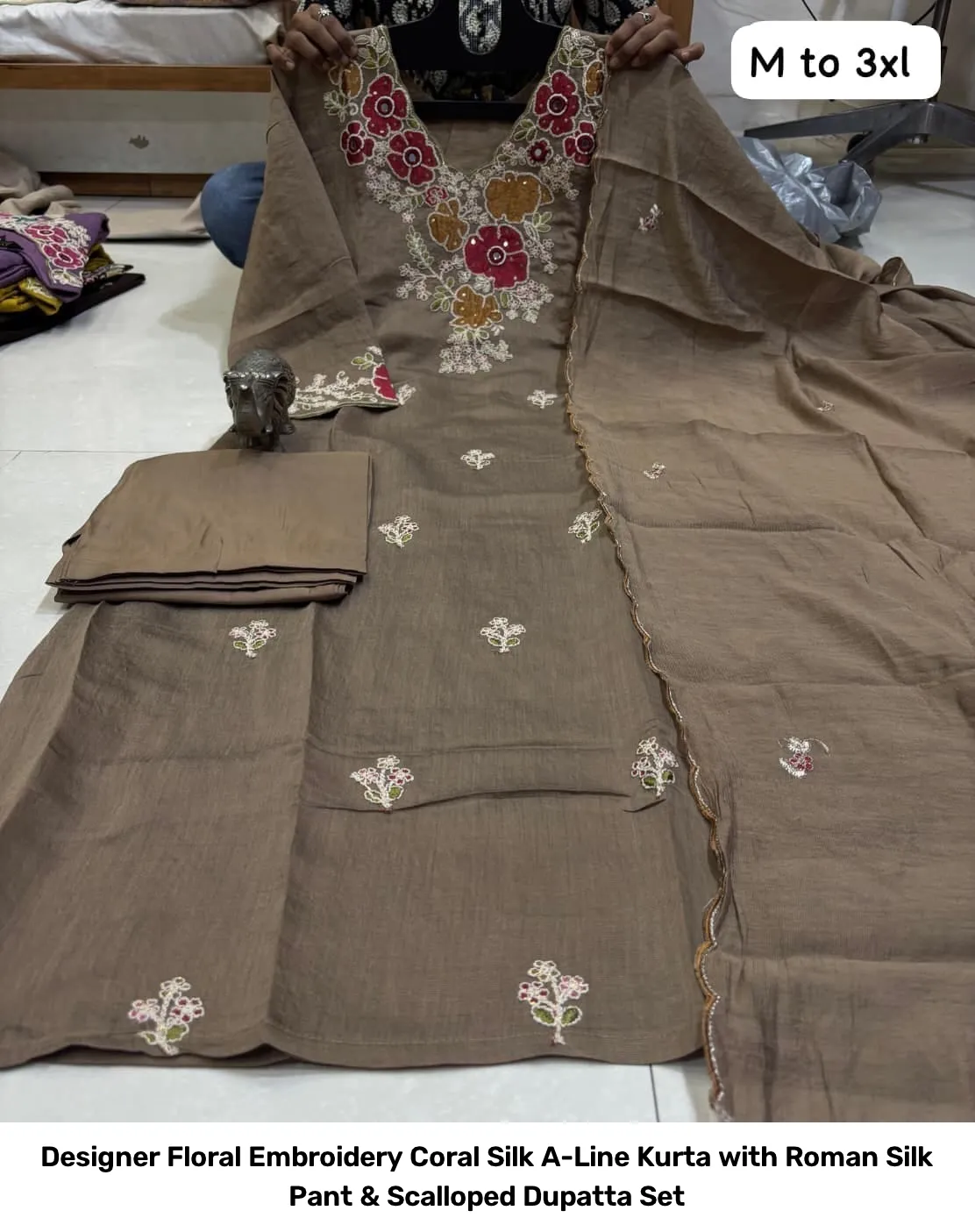 Designer Floral Embroidery Coral Silk A-Line Kurta with Roman Silk Pant & Scalloped Dupatta Set 4