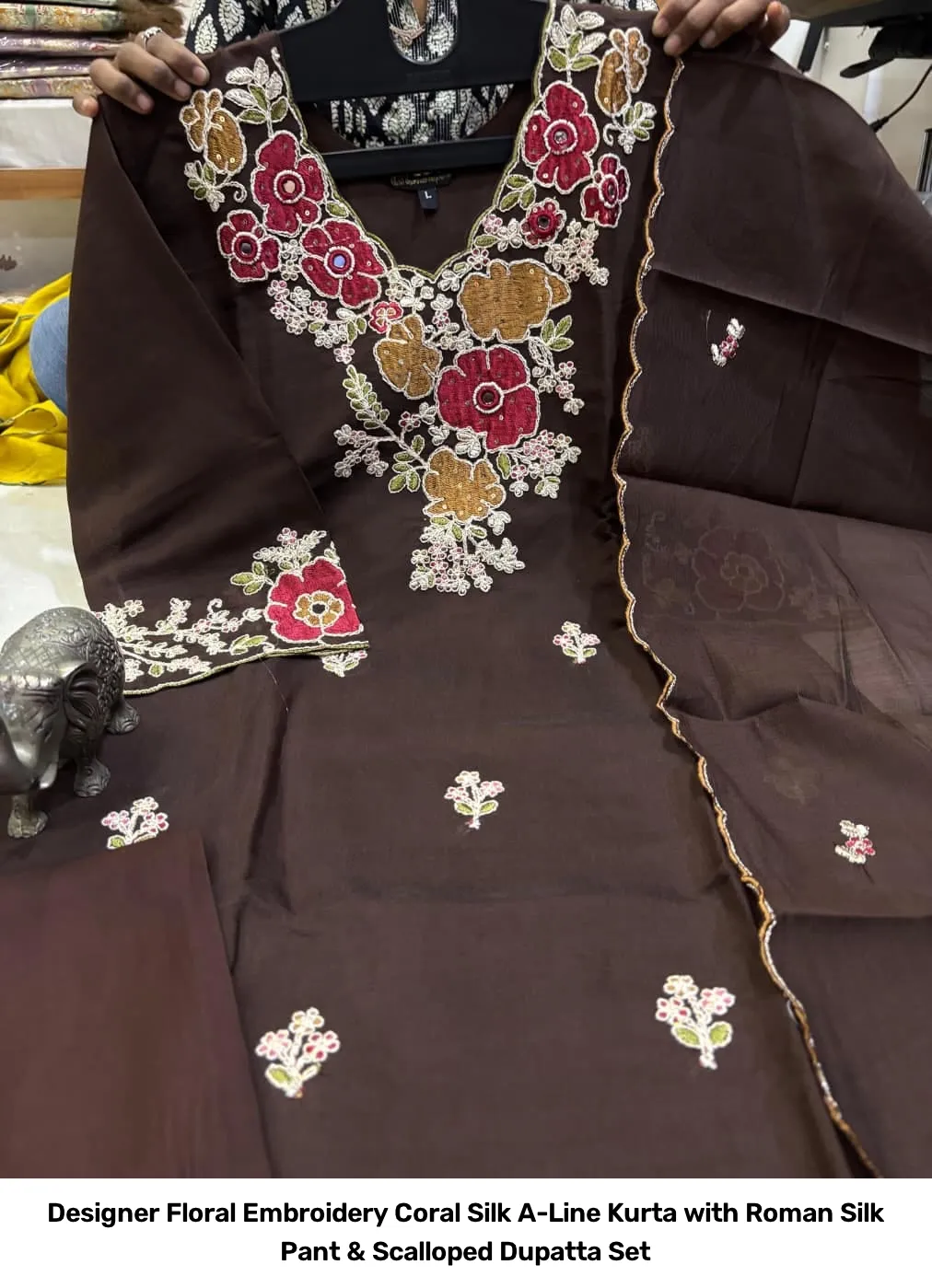 Designer Floral Embroidery Coral Silk A-Line Kurta with Roman Silk Pant & Scalloped Dupatta Set 5