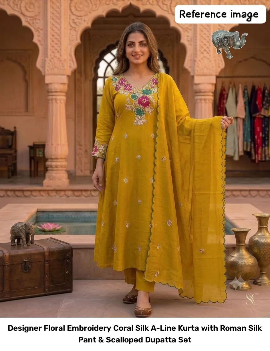 Designer Floral Embroidery Coral Silk A-Line Kurta with Roman Silk Pant & Scalloped Dupatta Set 6