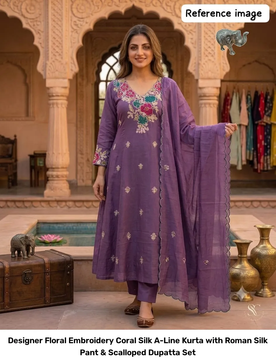 Designer Floral Embroidery Coral Silk A-Line Kurta with Roman Silk Pant & Scalloped Dupatta Set 7