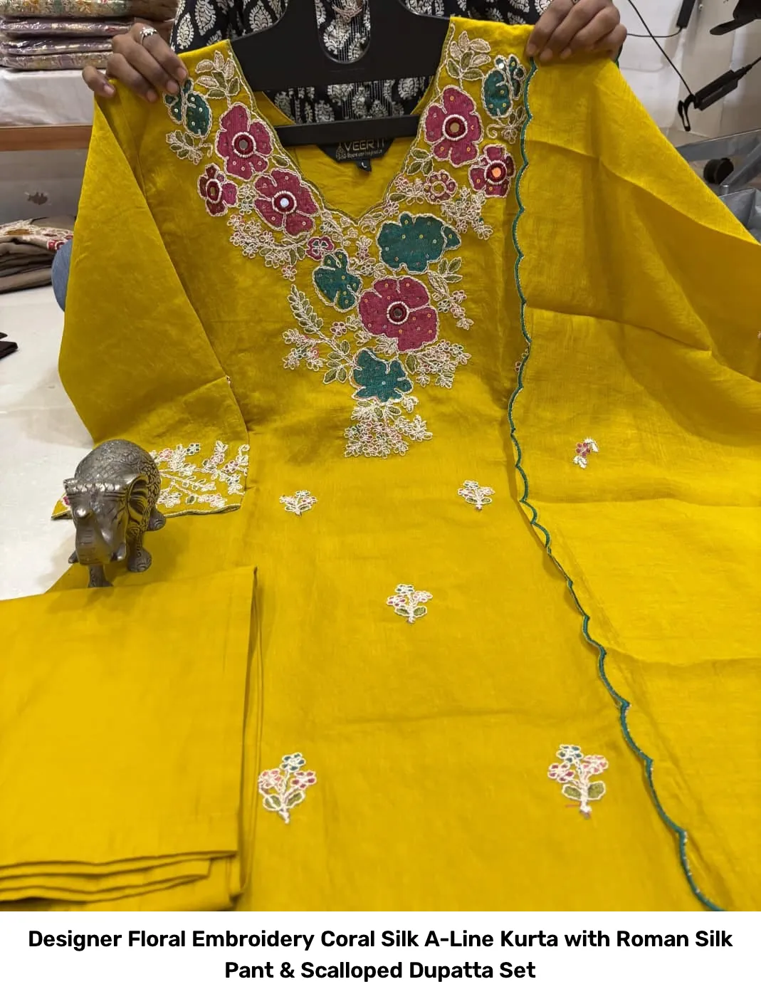 Designer Floral Embroidery Coral Silk A-Line Kurta with Roman Silk Pant & Scalloped Dupatta Set 8