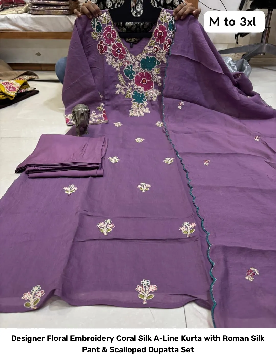 Designer Floral Embroidery Coral Silk A-Line Kurta with Roman Silk Pant & Scalloped Dupatta Set 9