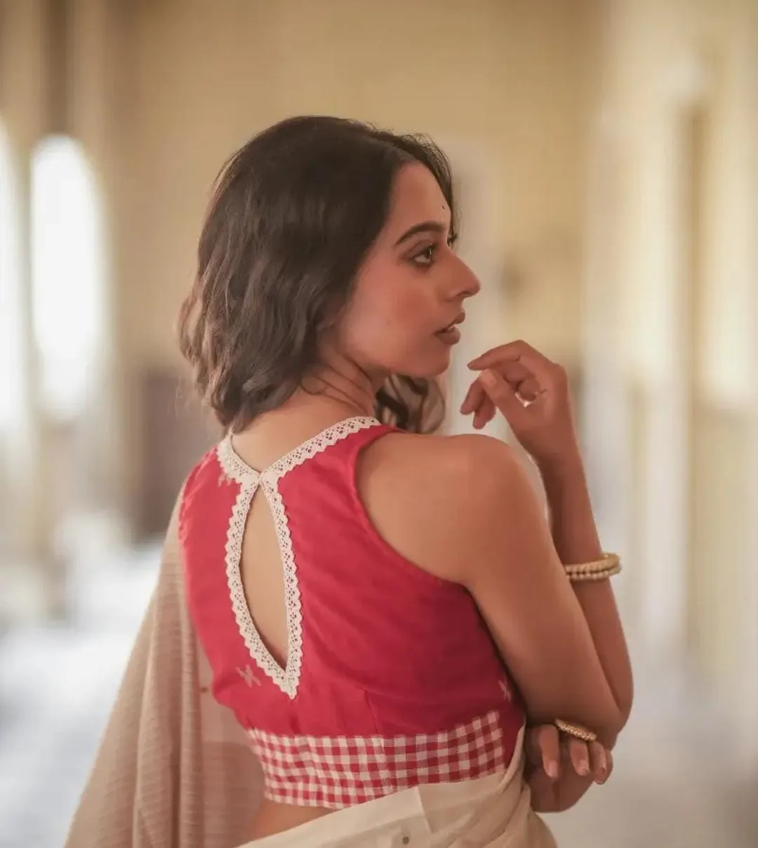 Designer Gamcha Patchwork Sleeveless Padded Saree Blouse | Ready Made Khadi Blouse Online 1
