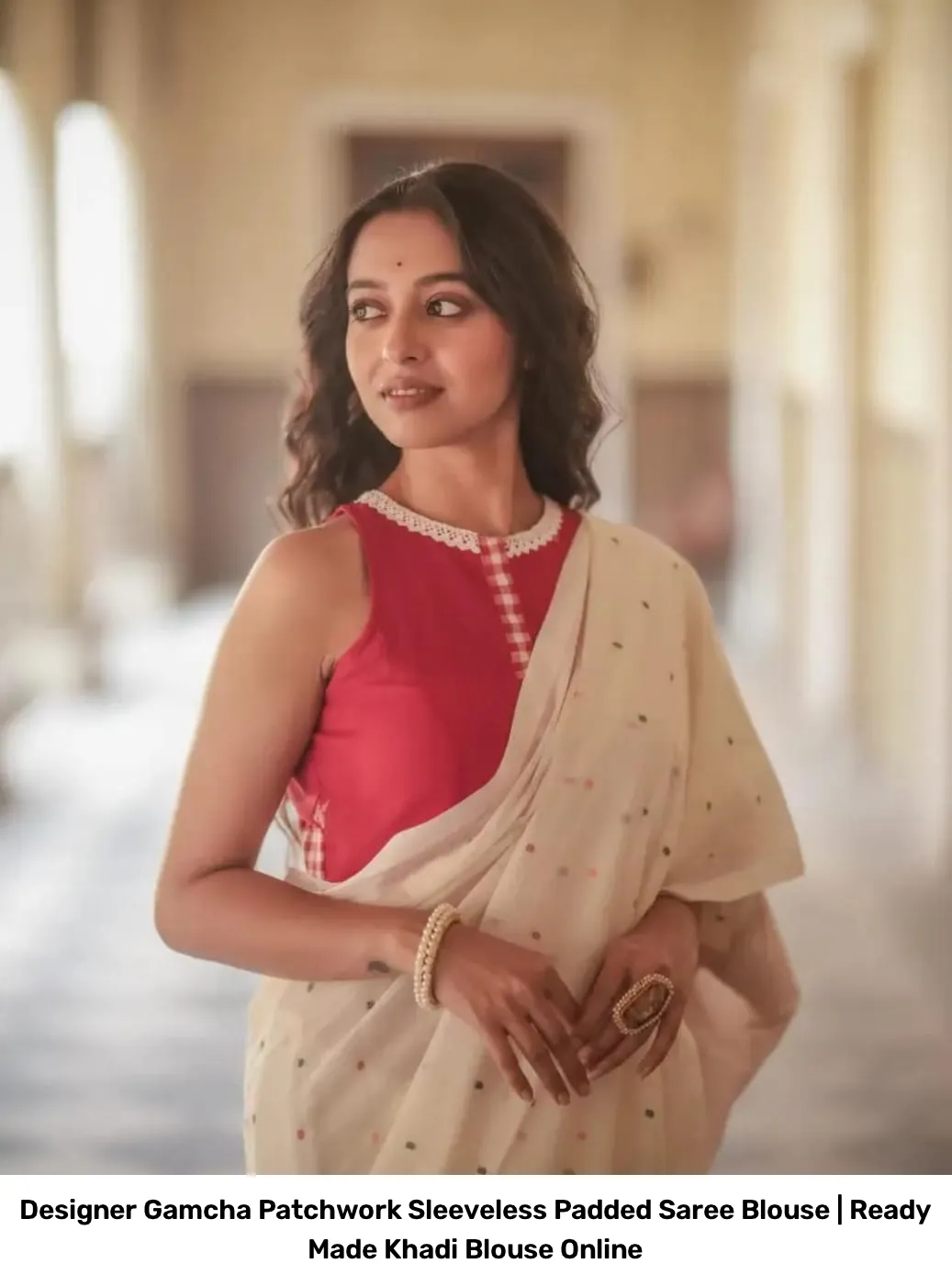 Designer Gamcha Patchwork Sleeveless Padded Saree Blouse | Ready Made Khadi Blouse Online 2