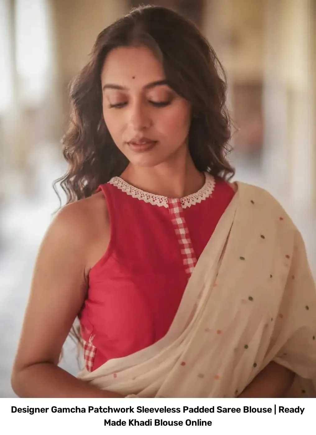 Designer Gamcha Patchwork Sleeveless Padded Saree Blouse | Ready Made Khadi Blouse Online 3