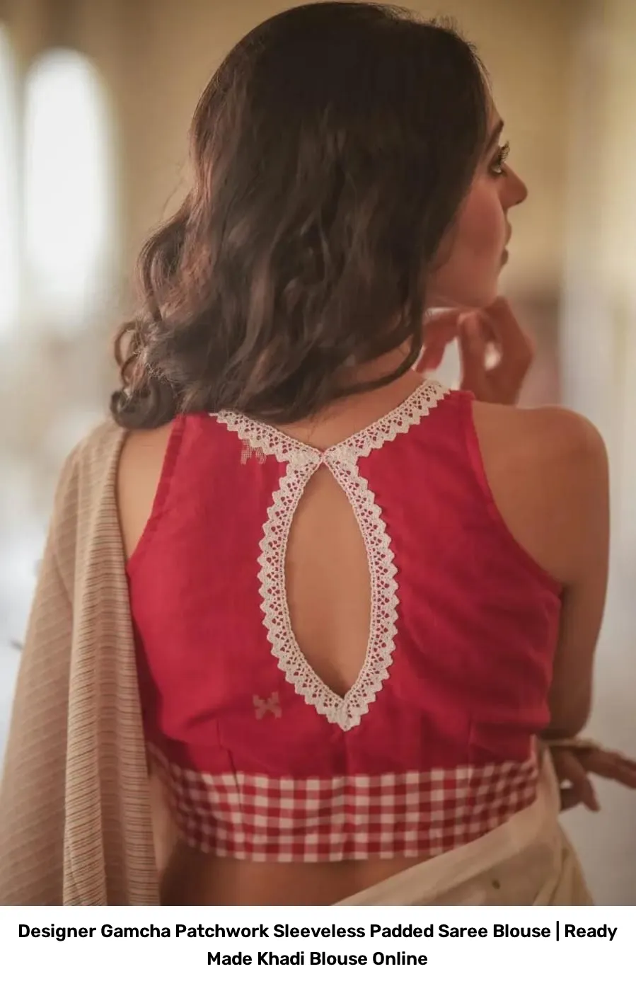 Designer Gamcha Patchwork Sleeveless Padded Saree Blouse | Ready Made Khadi Blouse Online 4
