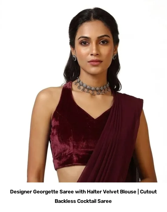 Designer Georgette Saree with Halter Velvet Blouse | Cutout Backless Cocktail Saree 10