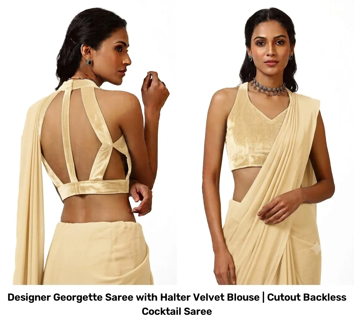 Designer Georgette Saree with Halter Velvet Blouse | Cutout Backless Cocktail Saree 2