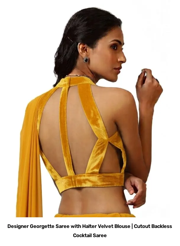 Designer Georgette Saree with Halter Velvet Blouse | Cutout Backless Cocktail Saree 3