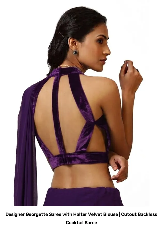 Designer Georgette Saree with Halter Velvet Blouse | Cutout Backless Cocktail Saree 6