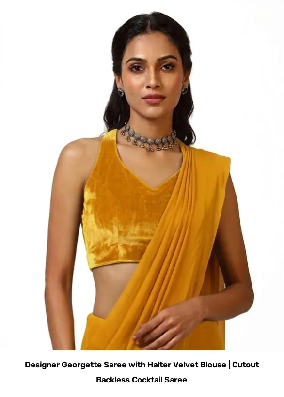 Designer Georgette Saree with Halter Velvet Blouse | Cutout Backless Cocktail Saree 8