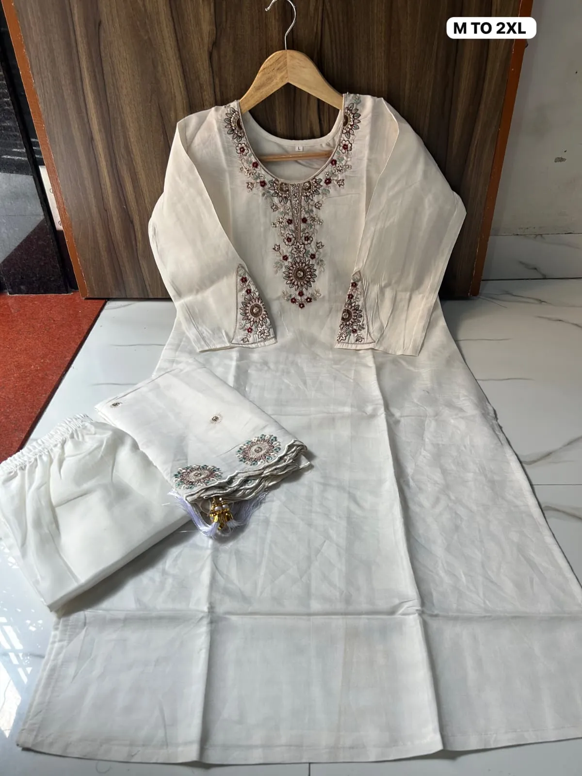 Designer Hand Embroidered Chanderi Silk Suit Set with Cotton Lining & Embroidered Dupatta