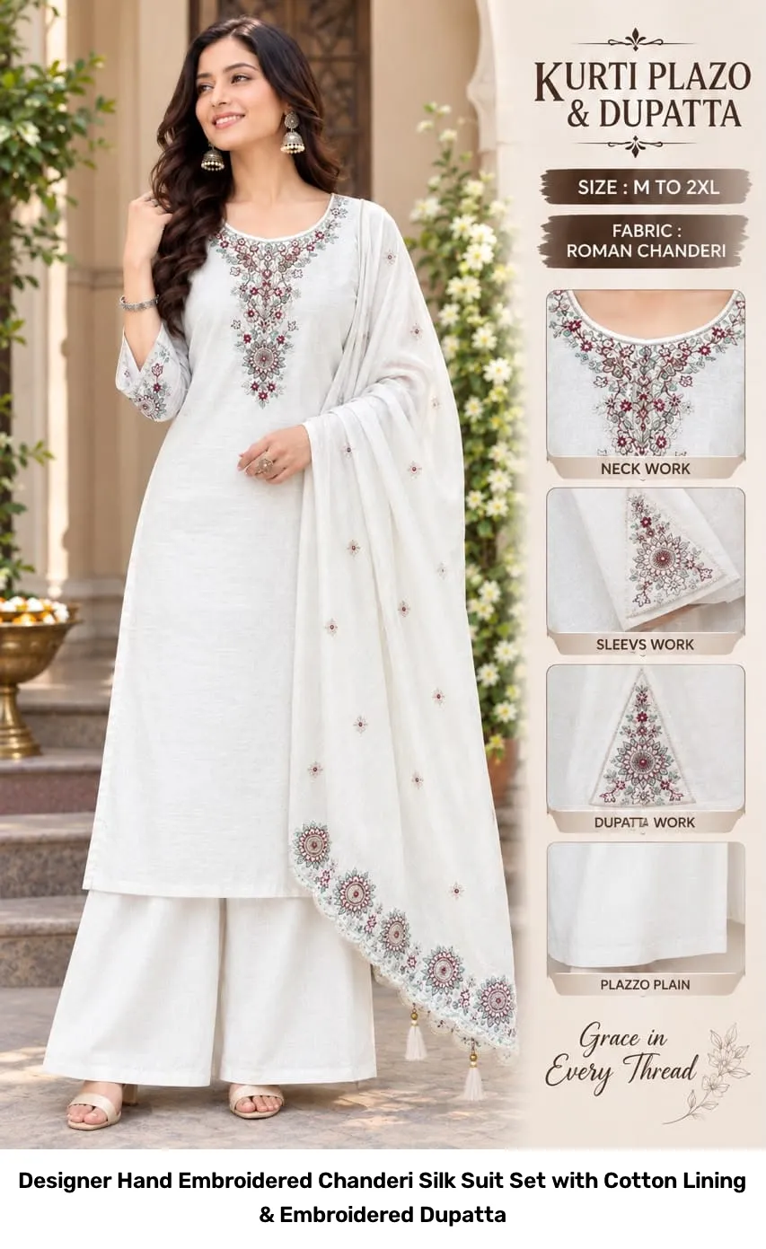 Designer Hand Embroidered Chanderi Silk Suit Set with Cotton Lining & Embroidered Dupatta 10