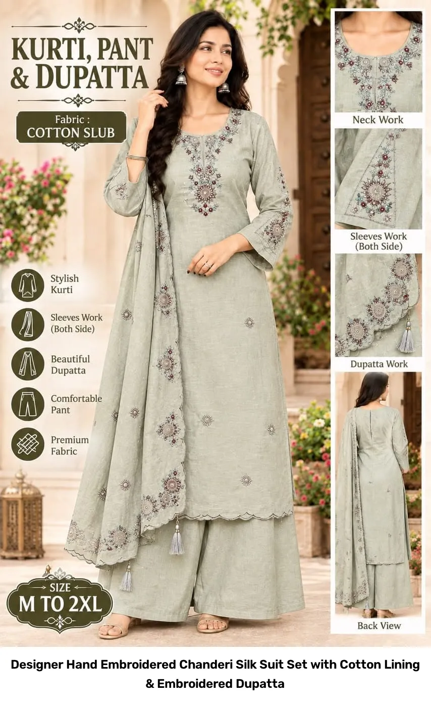 Designer Hand Embroidered Chanderi Silk Suit Set with Cotton Lining & Embroidered Dupatta 11