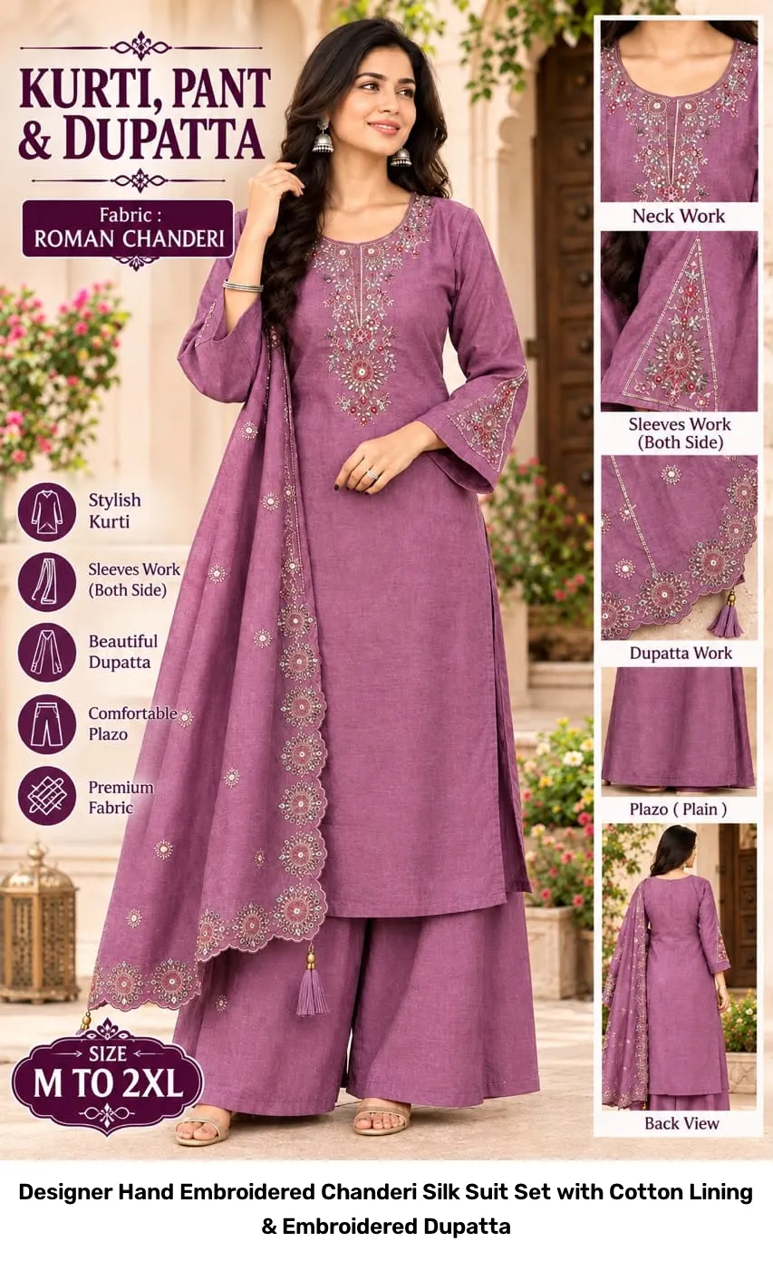 Designer Hand Embroidered Chanderi Silk Suit Set with Cotton Lining & Embroidered Dupatta 2