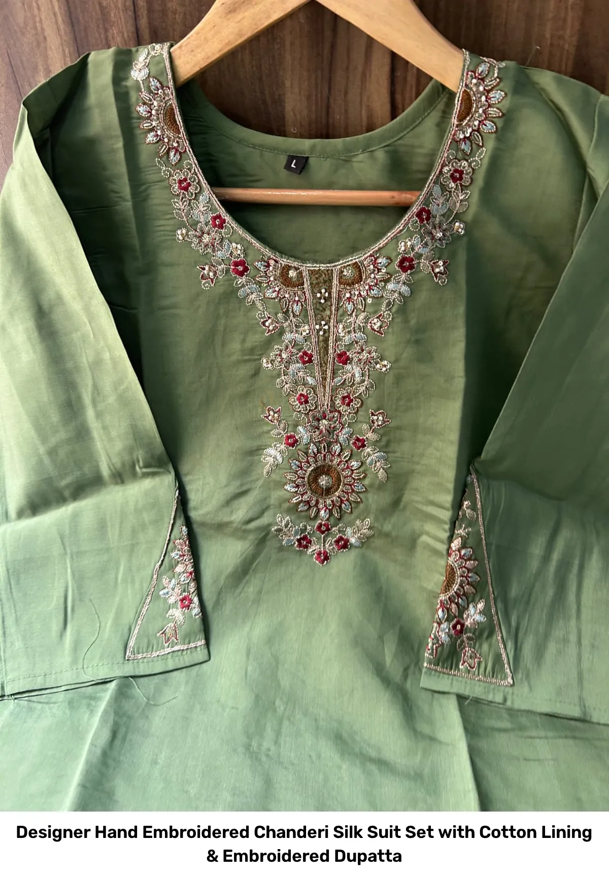 Designer Hand Embroidered Chanderi Silk Suit Set with Cotton Lining & Embroidered Dupatta 3