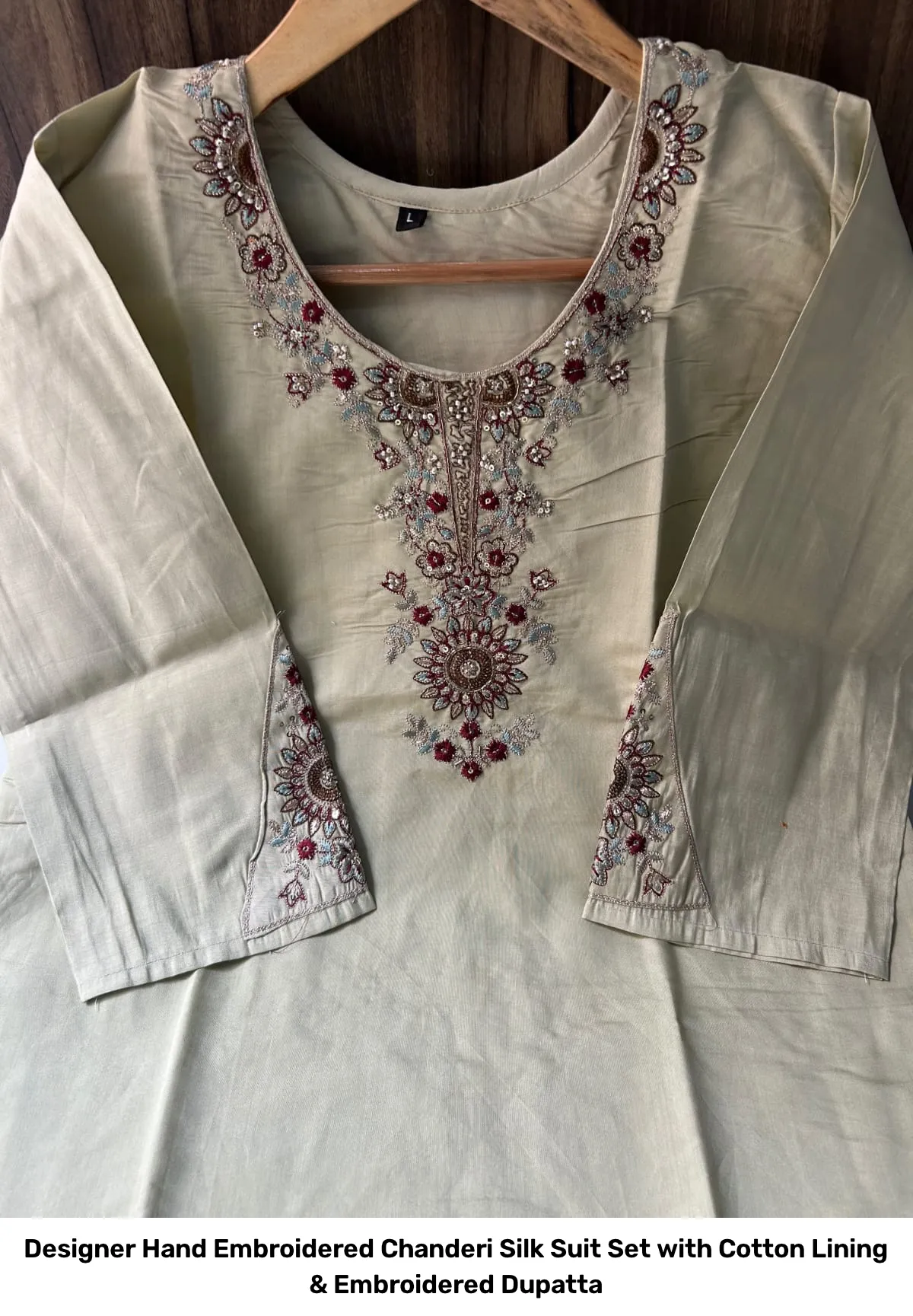 Designer Hand Embroidered Chanderi Silk Suit Set with Cotton Lining & Embroidered Dupatta 4