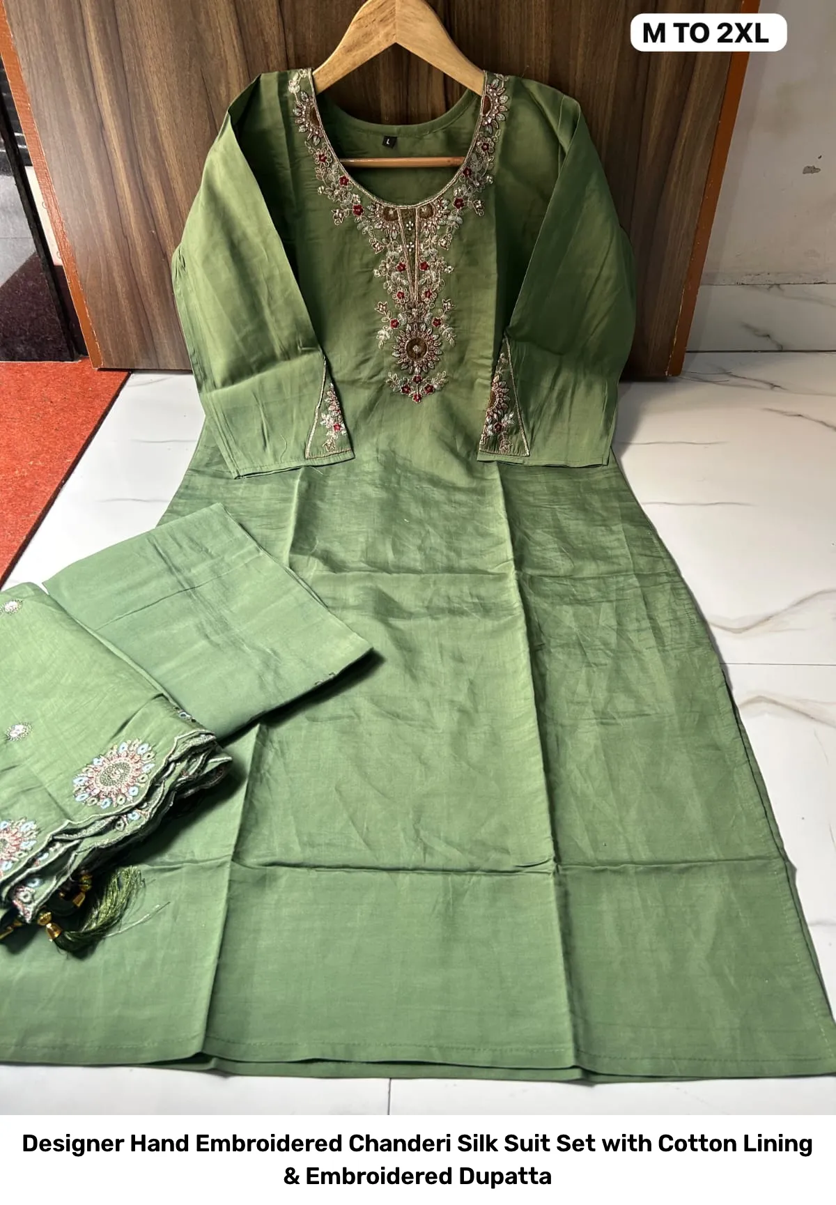 Designer Hand Embroidered Chanderi Silk Suit Set with Cotton Lining & Embroidered Dupatta 5