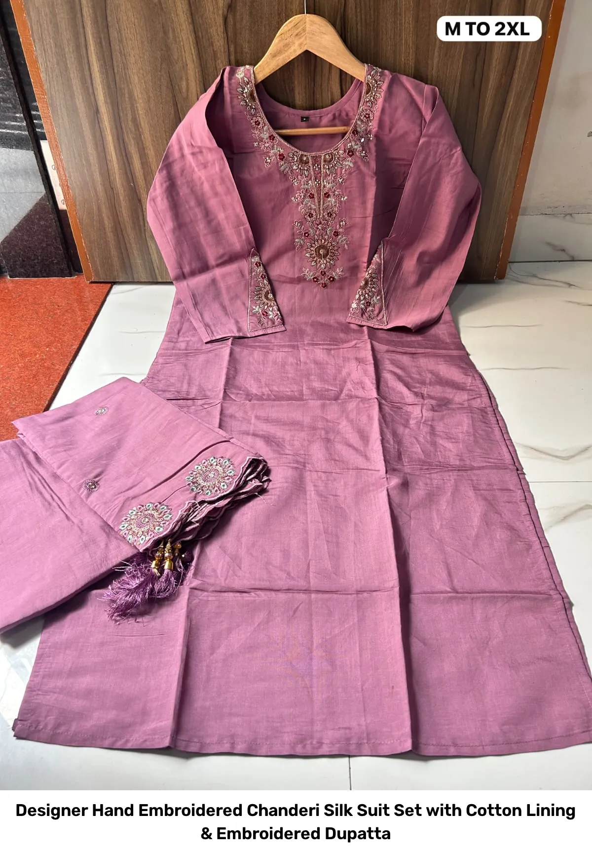 Designer Hand Embroidered Chanderi Silk Suit Set with Cotton Lining & Embroidered Dupatta 6