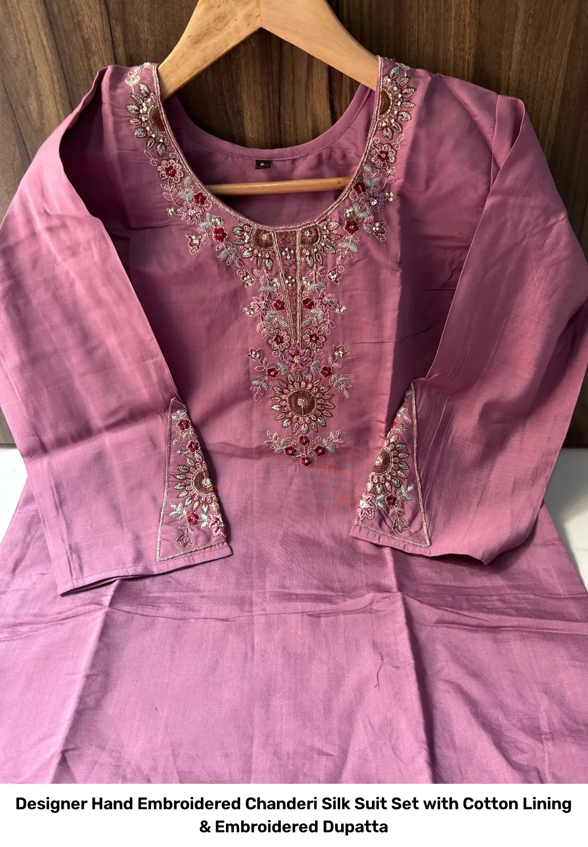Designer Hand Embroidered Chanderi Silk Suit Set with Cotton Lining & Embroidered Dupatta 7