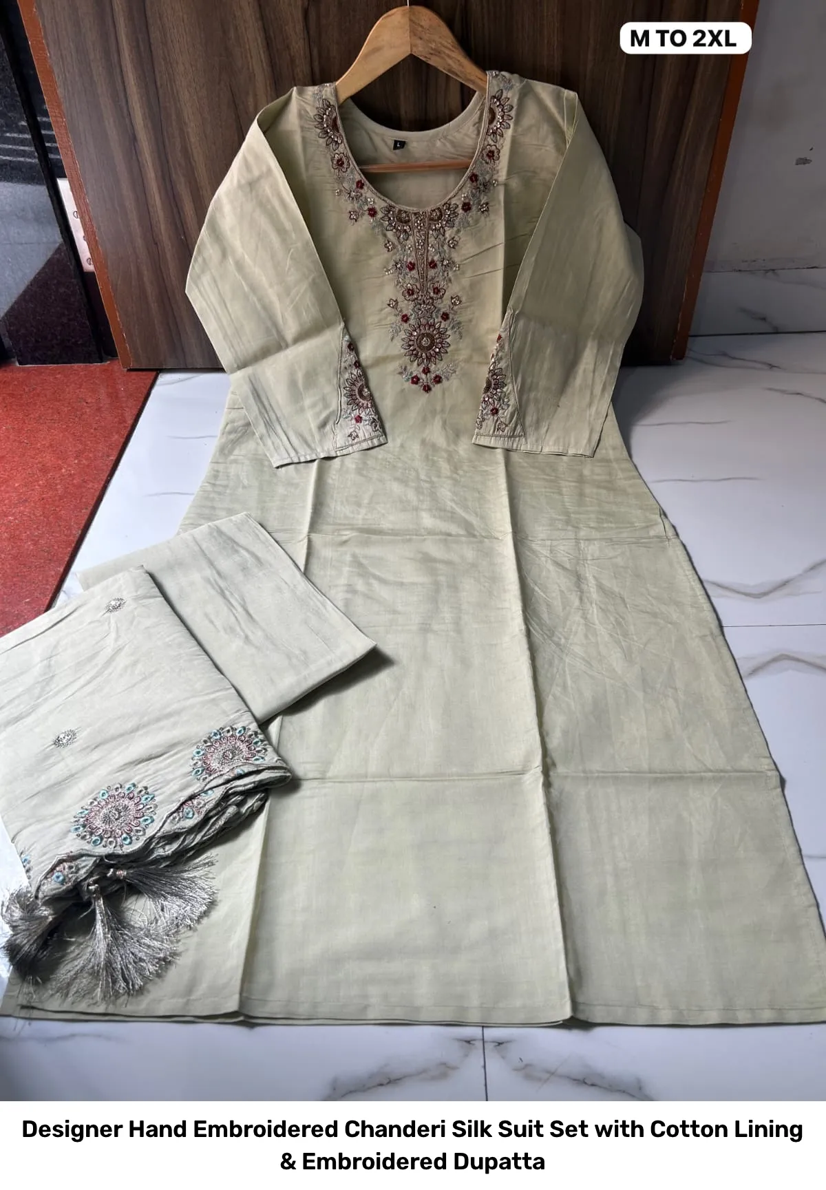 Designer Hand Embroidered Chanderi Silk Suit Set with Cotton Lining & Embroidered Dupatta 9