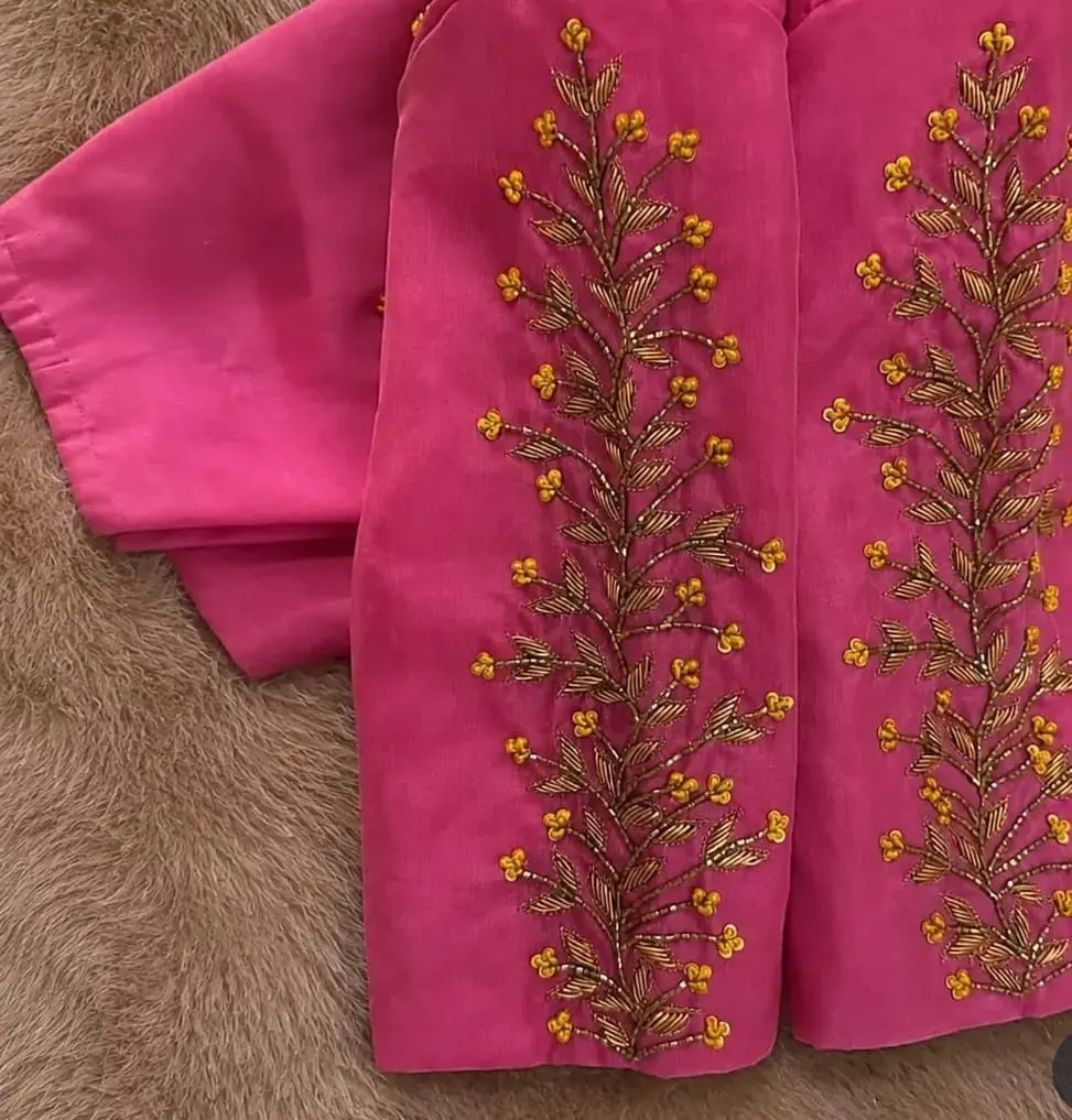 Designer Hand Embroidered Raw Silk Saree Blouse | Floral Maggam Work Blouse