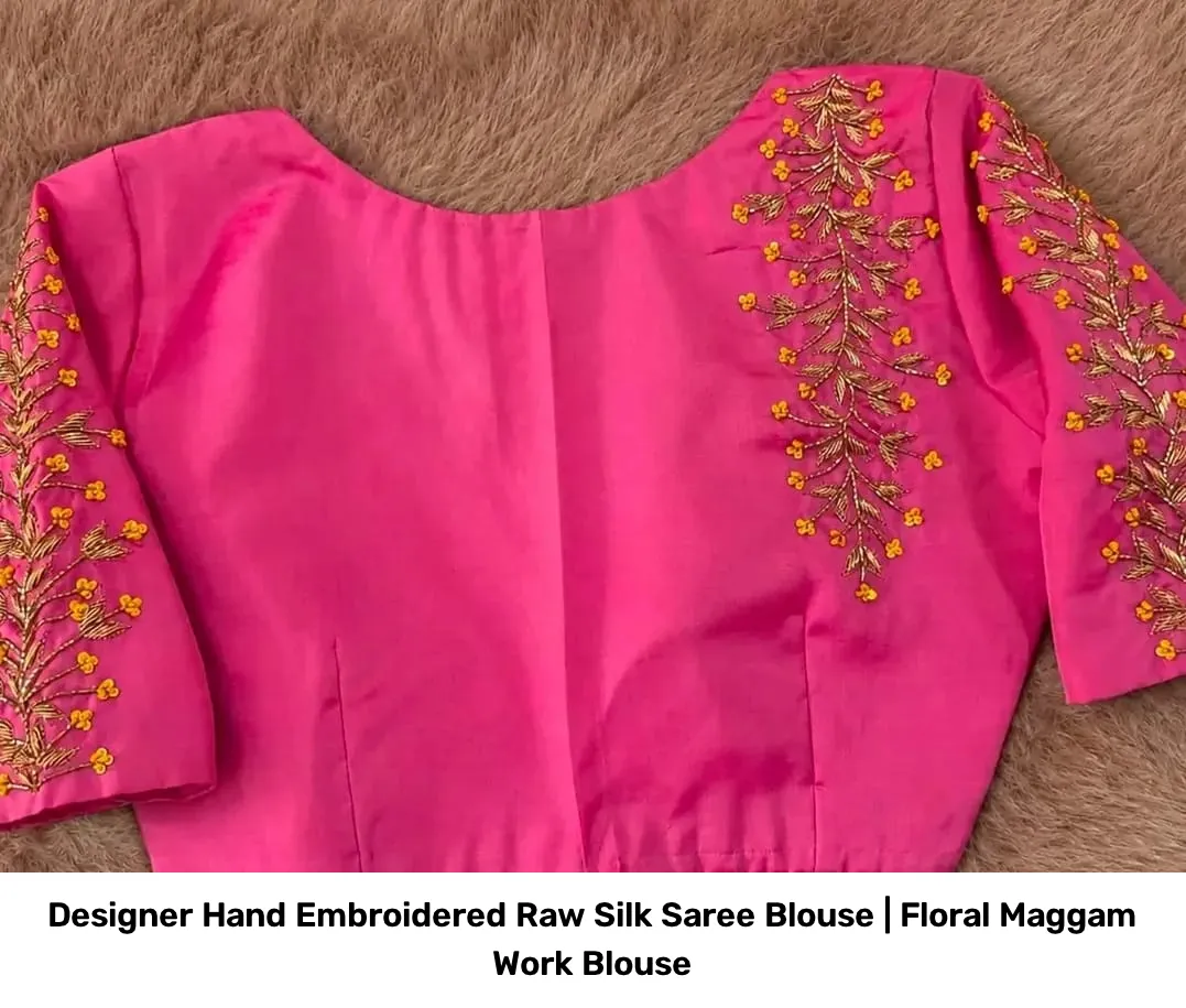 Designer Hand Embroidered Raw Silk Saree Blouse | Floral Maggam Work Blouse 2