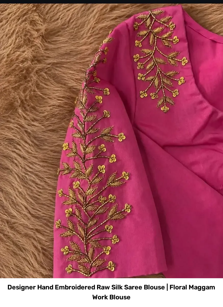 Designer Hand Embroidered Raw Silk Saree Blouse | Floral Maggam Work Blouse 3