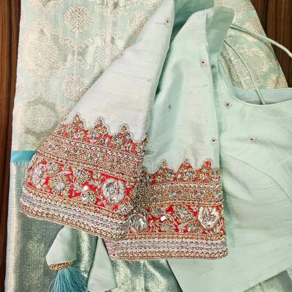Designer Heavy Zardozi Maggam Work Mint Green Silk Blouse | Readymade Wedding Blouse Online