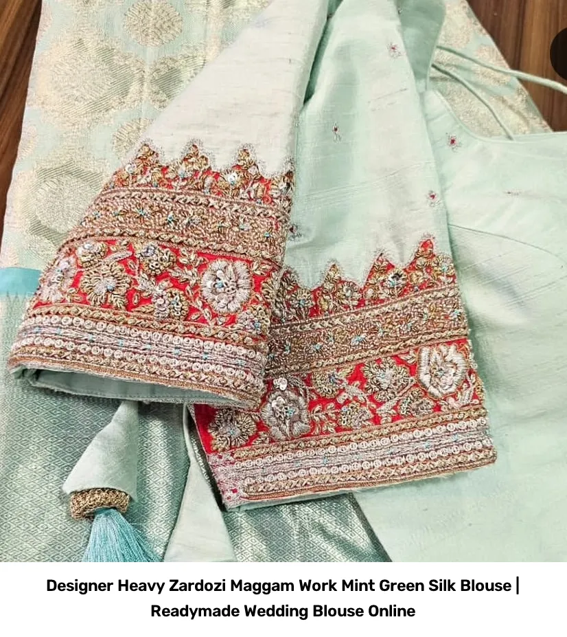 Designer Heavy Zardozi Maggam Work Mint Green Silk Blouse | Readymade Wedding Blouse Online 2