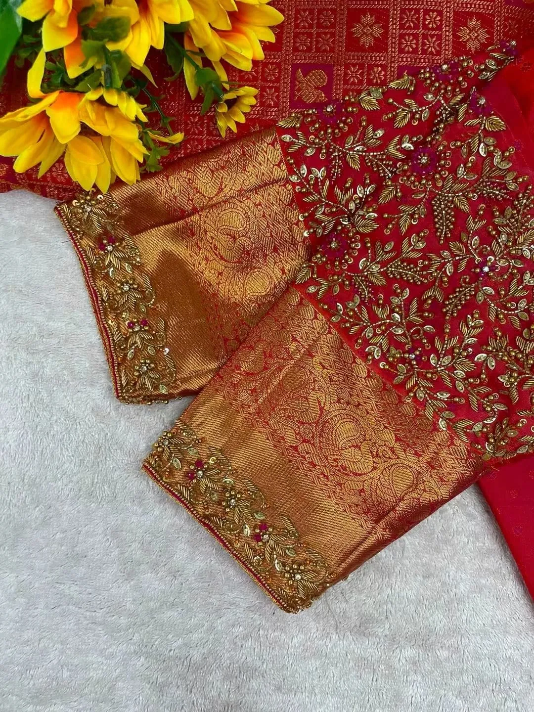 Designer Heavy Zardozi Maggam Work Red Silk Blouse | Readymade Wedding Blouse Online