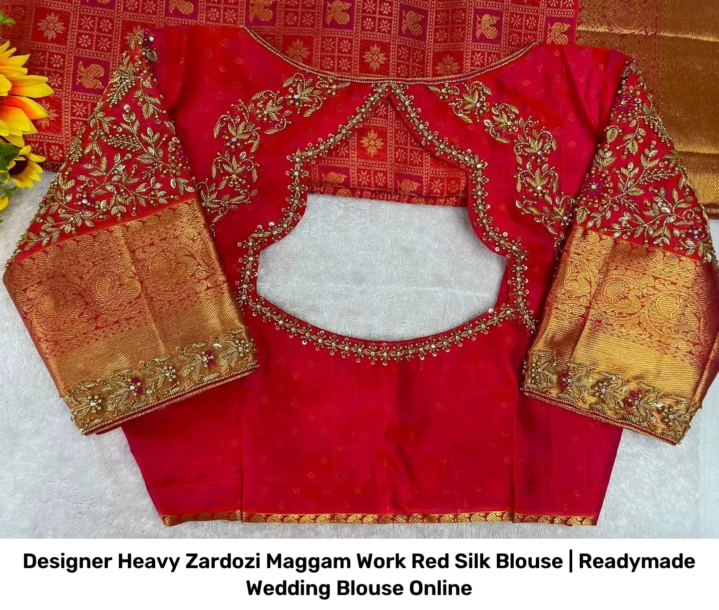 Designer Heavy Zardozi Maggam Work Red Silk Blouse | Readymade Wedding Blouse Online 2