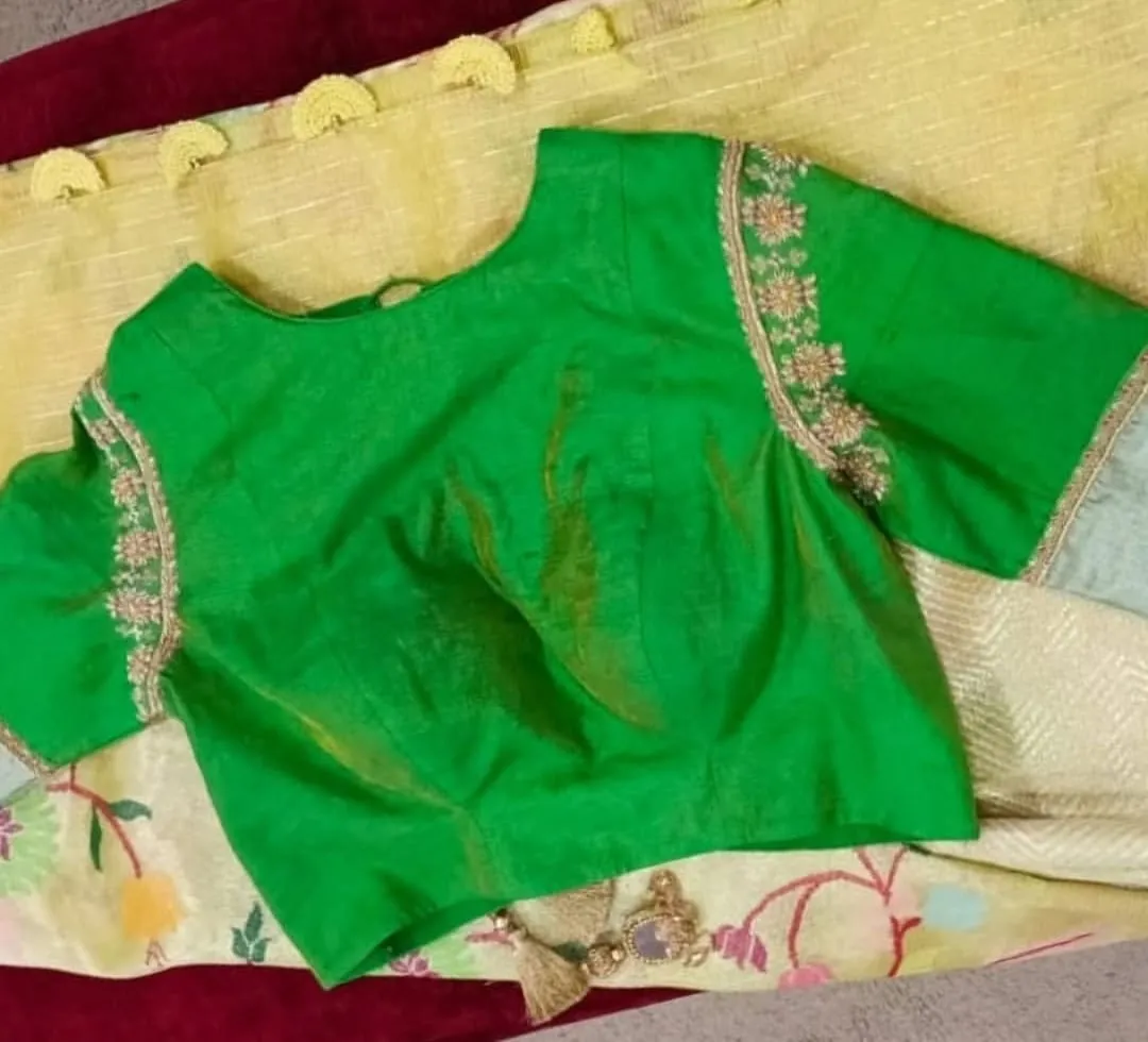 Designer Maggam Work Green Silk Blouse | Readymade Saree Blouse Online