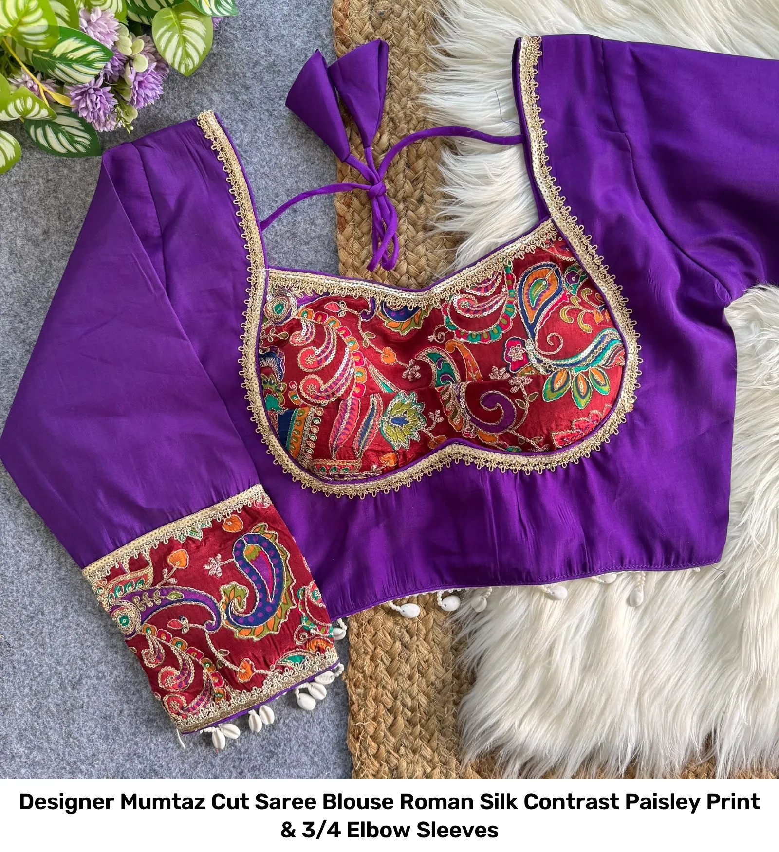 Designer Mumtaz Cut Saree Blouse – Roman Silk Contrast Paisley Print & 3/4 Elbow Sleeves 10