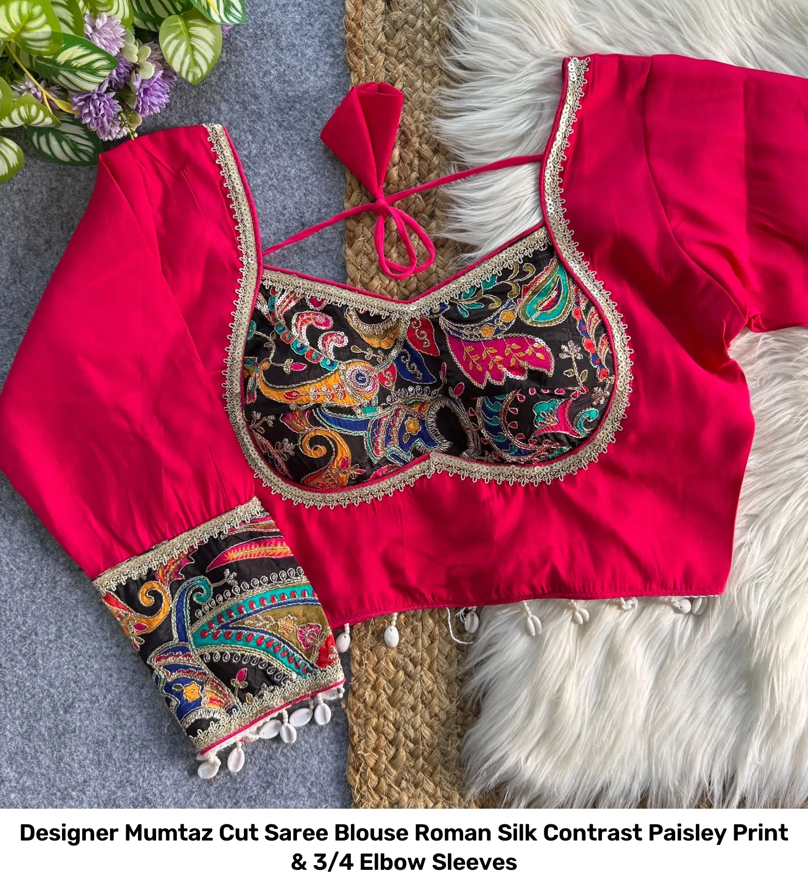 Designer Mumtaz Cut Saree Blouse – Roman Silk Contrast Paisley Print & 3/4 Elbow Sleeves 11